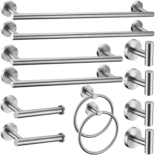 12 Delar Borstad Nickel Badrumsaccessoarer Set Handdukshållare Ring 16&23,6 Tum Rund Handdukshållare Silver Toalettpappershållare Handdukskrokar 4 Delar Sus 304 Rostfritt Stål, Tungt, Väggmonterat  |   Badrumsinredning Badrumsinredning Badrumsinredning