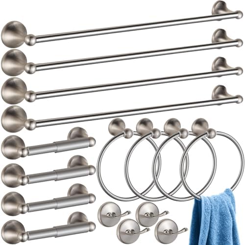 16 delar borstad nickel badrumsaccessoarer set handdukshyllor för badrum – badrumsutrustning, 4 stycken 24 tum handdukshållare för badrum, 4 toalettpappershållare, 4 handduksringar, 4 krokar.  |   Badrumsinredning Badrumsinredning Badrumsinredning