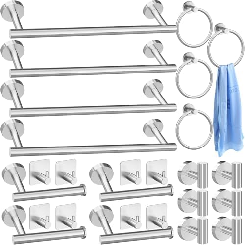 28 Delar Badrumsaccessoarer Set i Rostfritt Stål – Badrumsinredning Set med Handdukshållare, Handdukringar, Toalettpappershållare och Badrockshakar, Handduksställ för Väggmontering (Silver)  |   Badrumsinredning Badrumsinredning Badrumsinredning