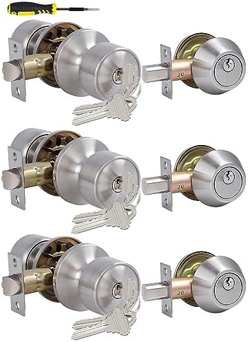 3 Set Nyckel-Lika Entrédörrsknoppar och Enkel Cylinder Dörrlås Kombinationsset Säkerhet för Entré och Framdörr, Alla Nycklar Lika Dörrlås med Klassisk Satin Nickel Finish  |   Dörrbeslag och lås Dörrbeslag och lås Dörrbeslag och lås