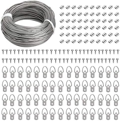 Bildhängningskit – 30 meter rostfritt stålhängtråd, 60 st D-ring bildhängare med skruvar och 60 st aluminiumkrimpningssleeve för upphängning av målningar och foton  |   Bildhängningsutrustning Bildhängningsutrustning Bildhängningsutrustning