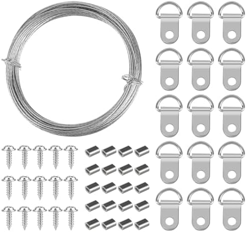 Bildupphängningskit 10 meter rostfritt stål med D-ring, bildhängare med skruvar och aluminiumsleeves för foto, spegel, ram och konstverk.  |   Bildhängningsutrustning Bildhängningsutrustning Bildhängningsutrustning