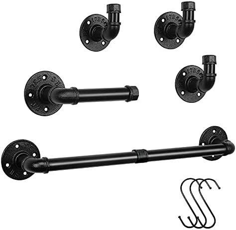 Industriell järn pipetowel rack set, badrumsaccessoarer hårdvara väggmonterad 5 delar inkluderar handdukshållare, toalettpappershållare och 3 badrockskrokar (svart, 18 tum)  |   Badrumsinredning Badrumsinredning Badrumsinredning